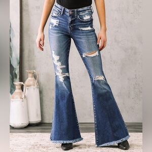 Flying Monkey 28 Mid Rise Super Flare Jeans Light Medium Wash Distressed